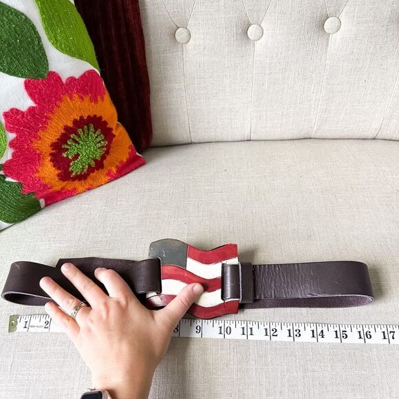 Vintage American Flag Leather Wide Buckle Belt Men's 32/34 Women's XL Unisex - Picture 12 of 12